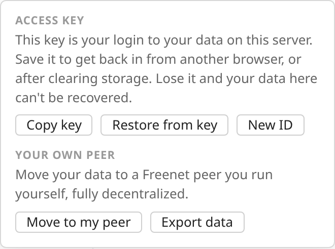 The try.freenet.org account panel: keep your access key, or move your data to your own peer